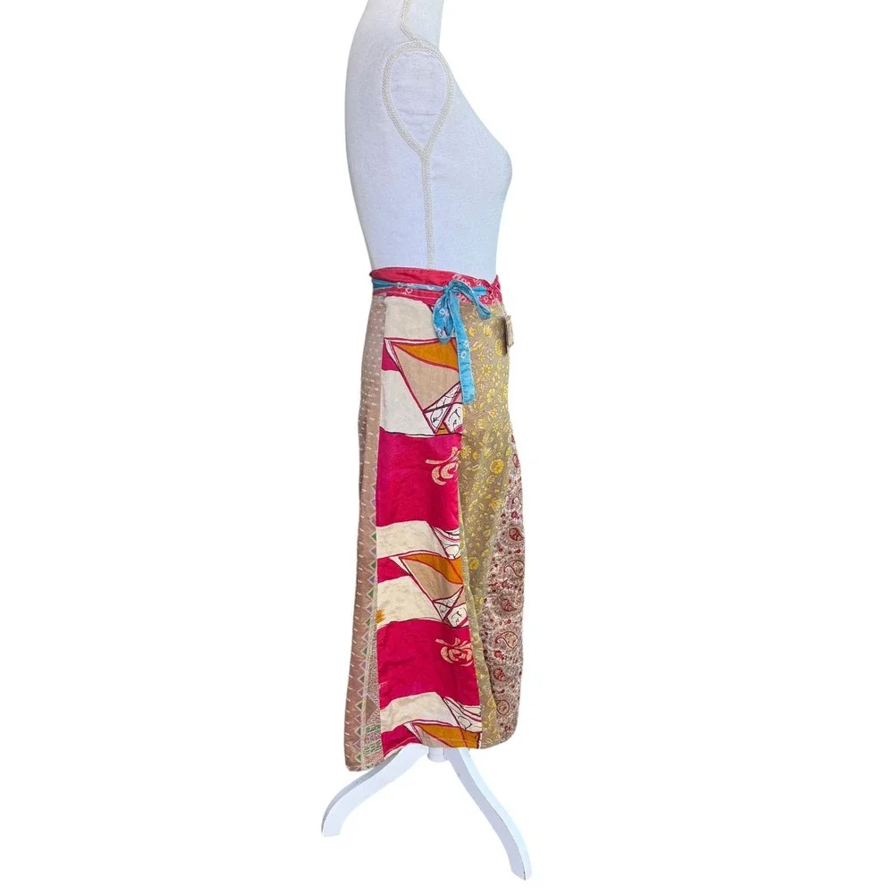 Reversible Silk Blend Patchwork Wrap Maxi Skirt Recycled Sari Boho NEW